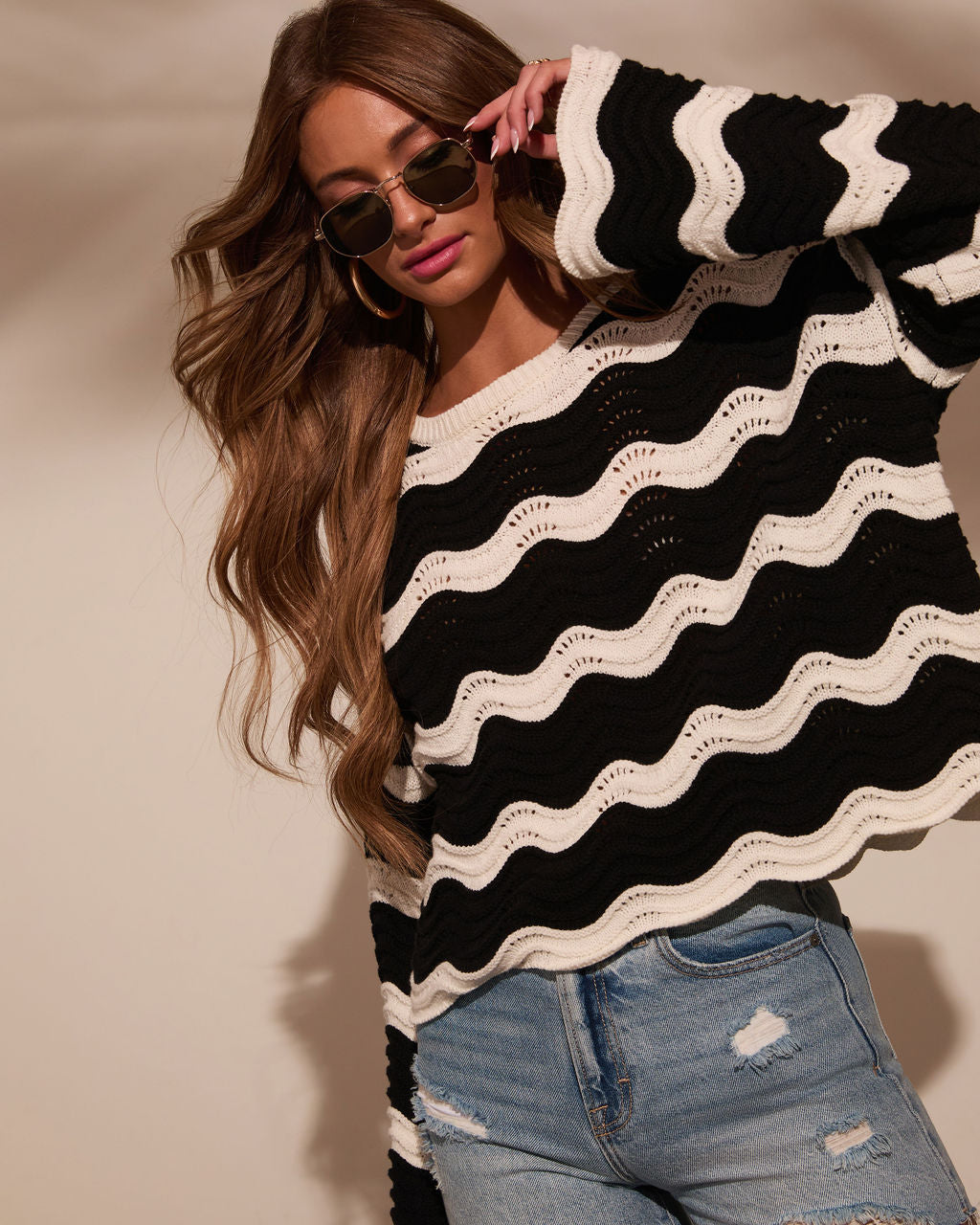 Janerio Wavy Striped Crochet Sweater-Vogue Logic