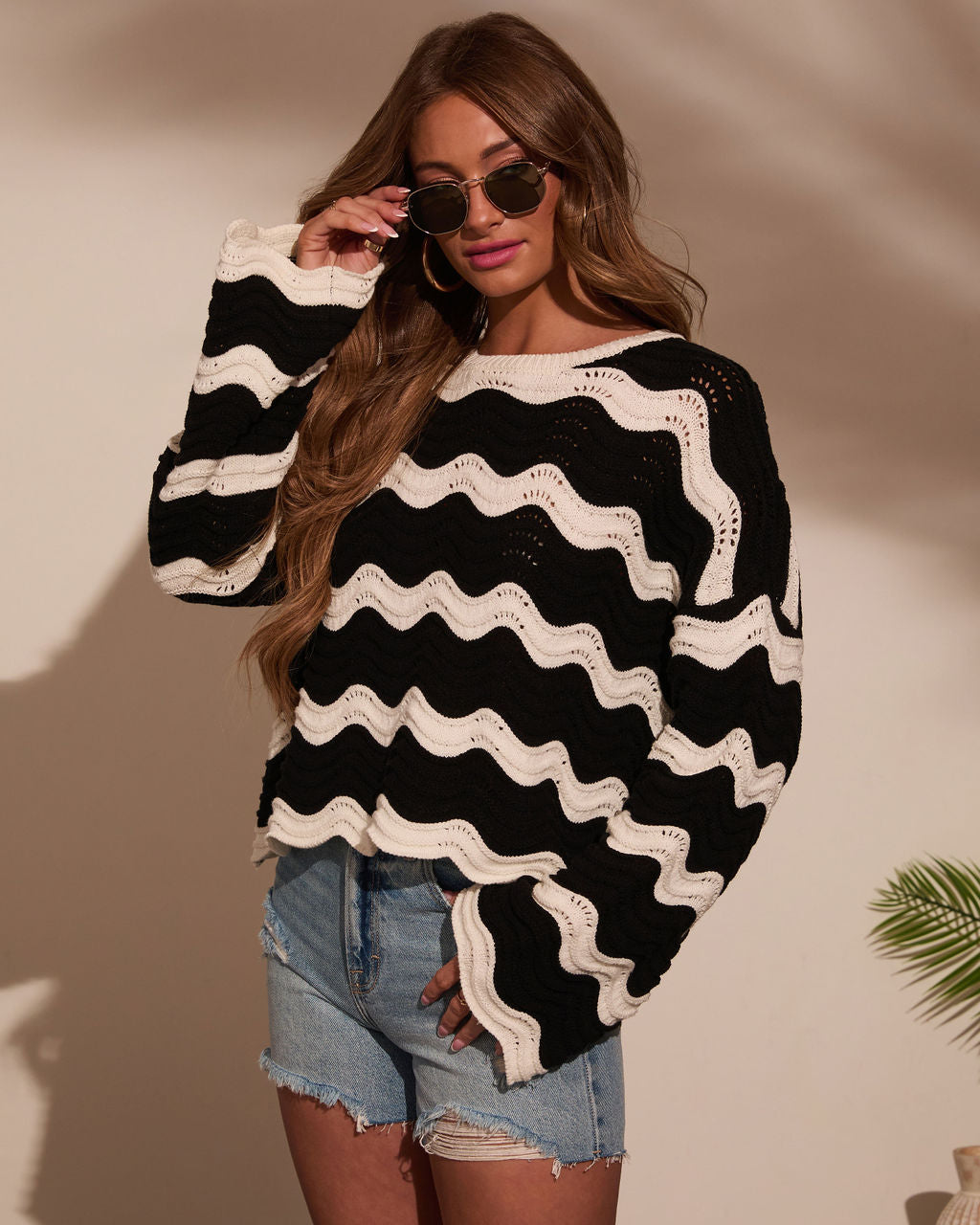 Janerio Wavy Striped Crochet Sweater-Vogue Logic