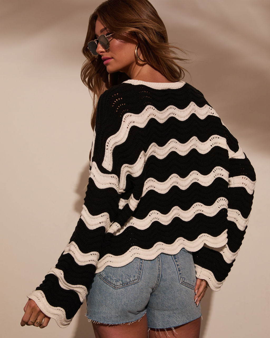 Janerio Wavy Striped Crochet Sweater-Vogue Logic