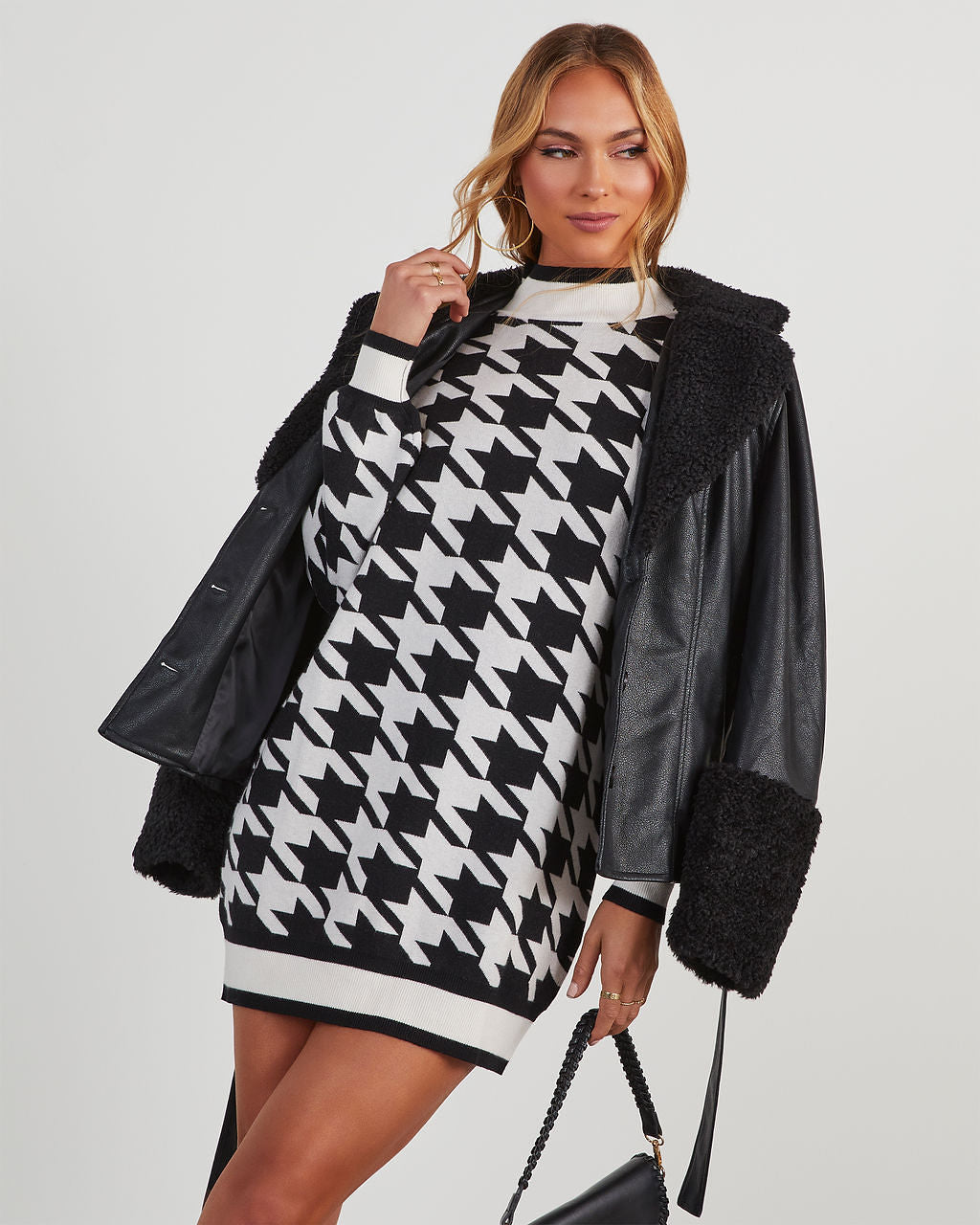 Raven Houndstooth Mini Sweater Dress-Vogue Logic