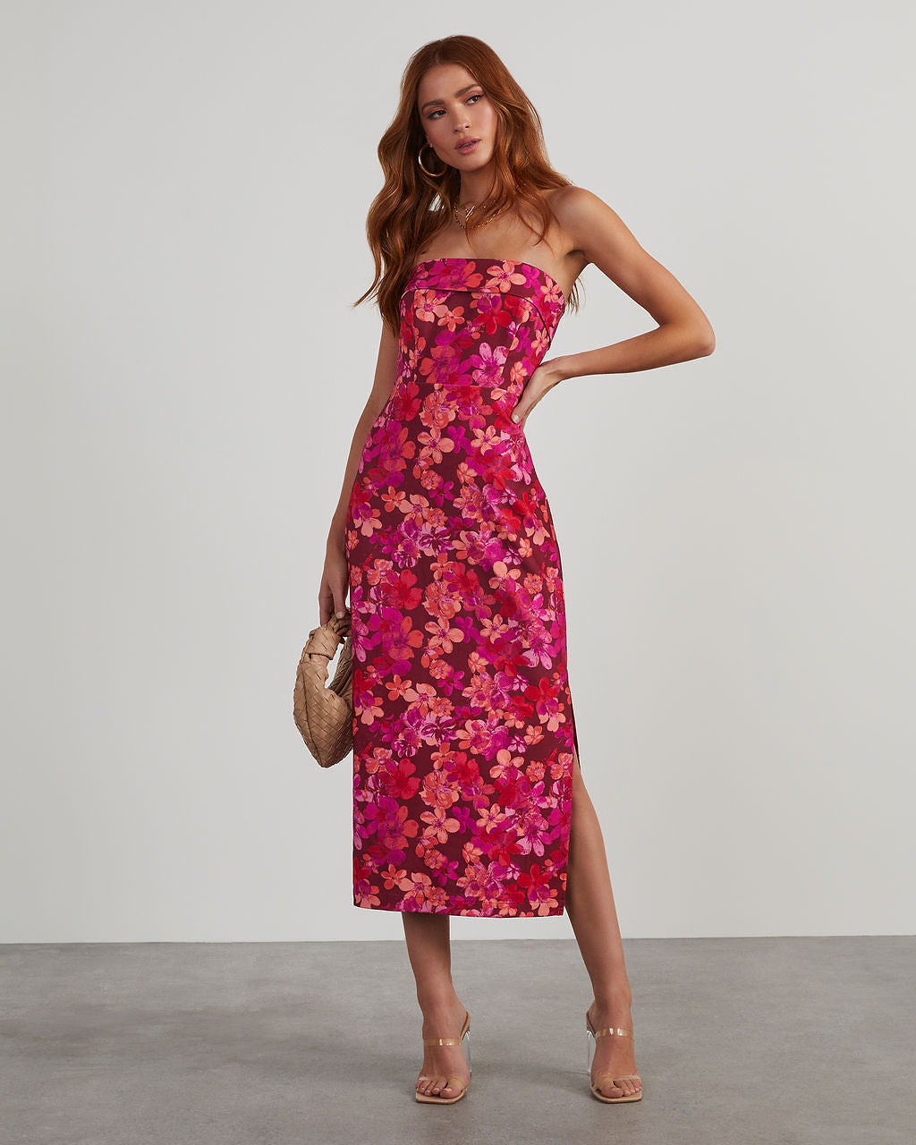 Thalia Strapless Floral Midi Dress-Vogue Logic