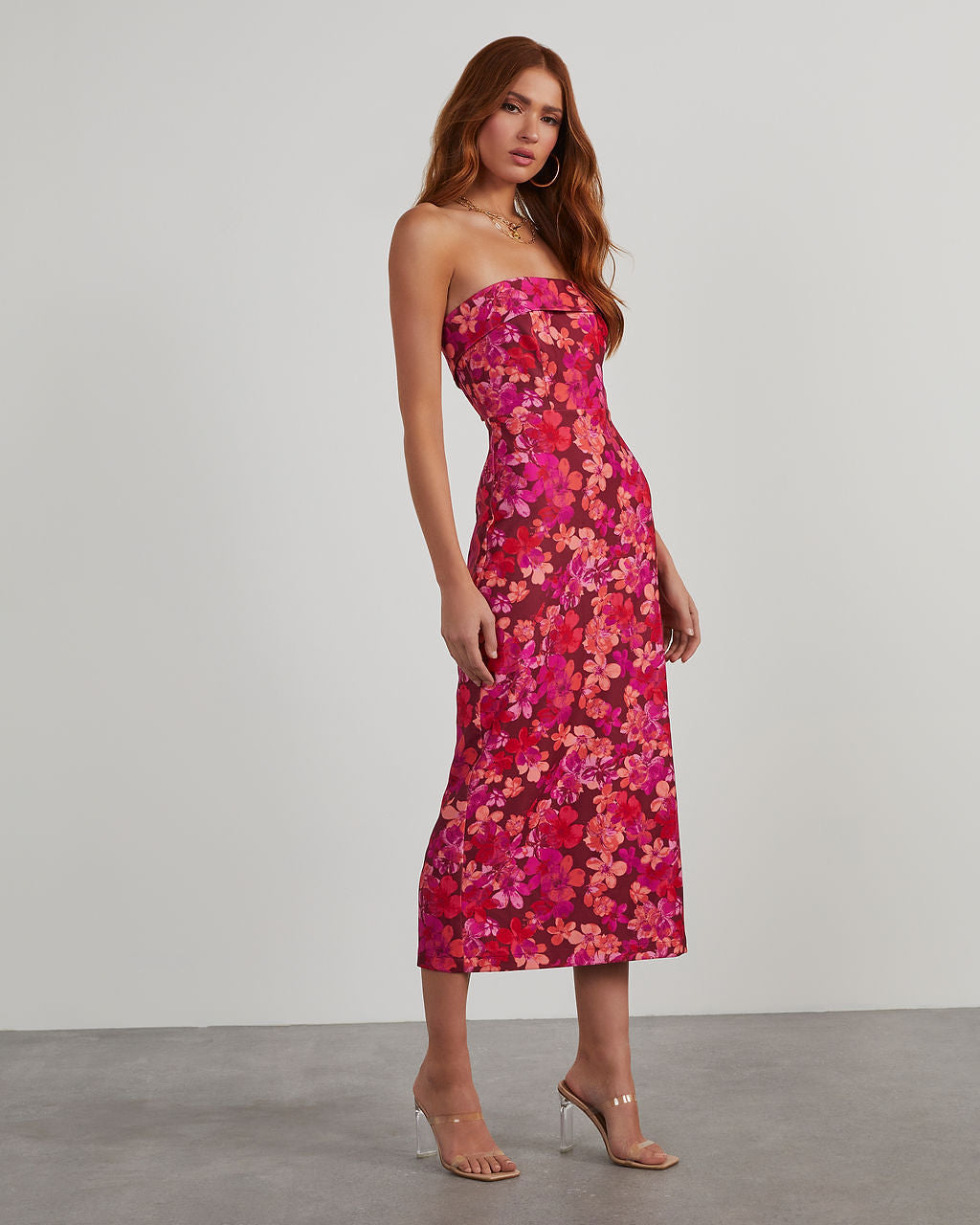 Thalia Strapless Floral Midi Dress-Vogue Logic