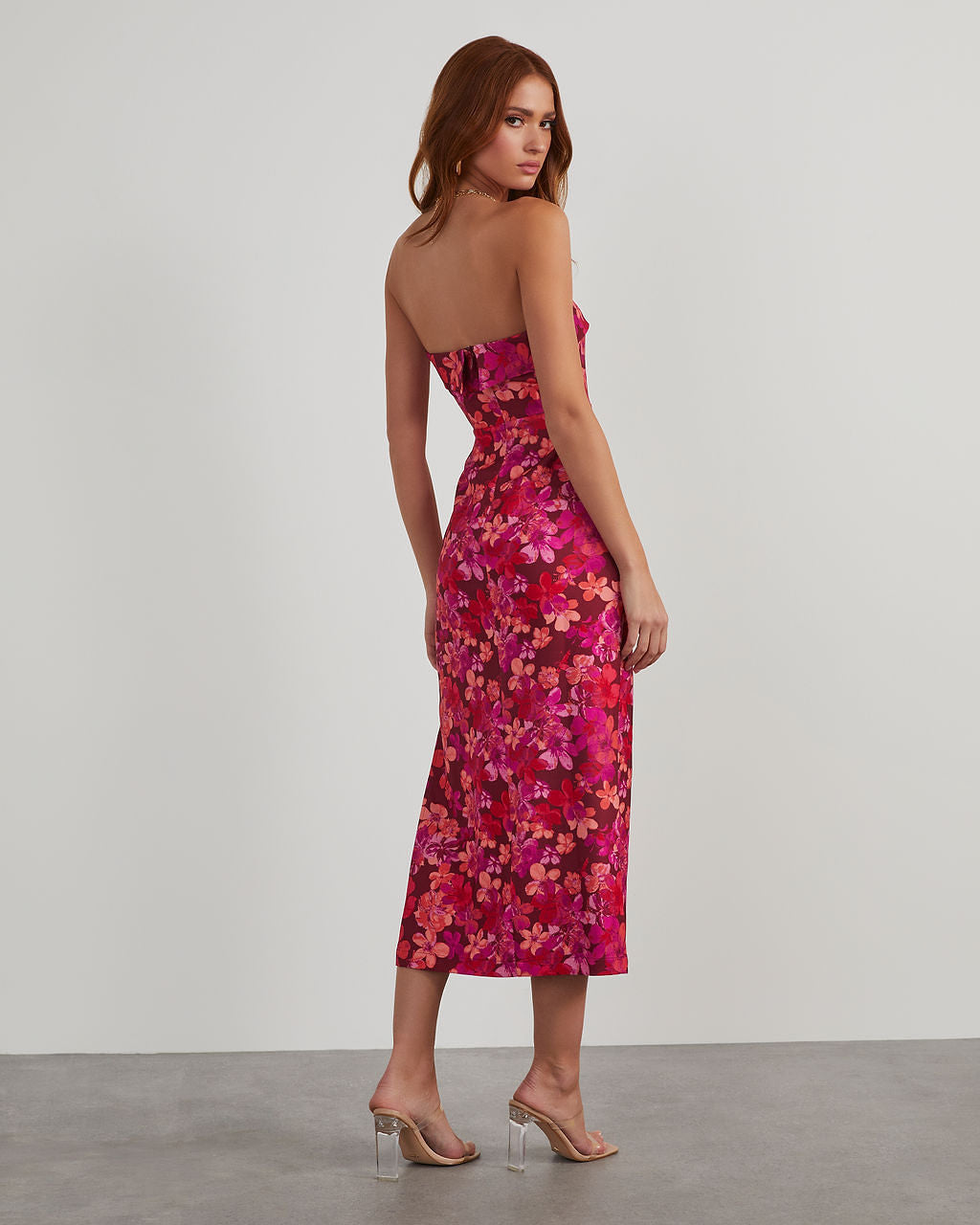 Thalia Strapless Floral Midi Dress-Vogue Logic