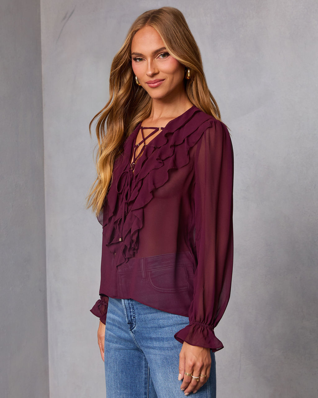 Prunella Ruffle Lace Up Top-Vogue Logic