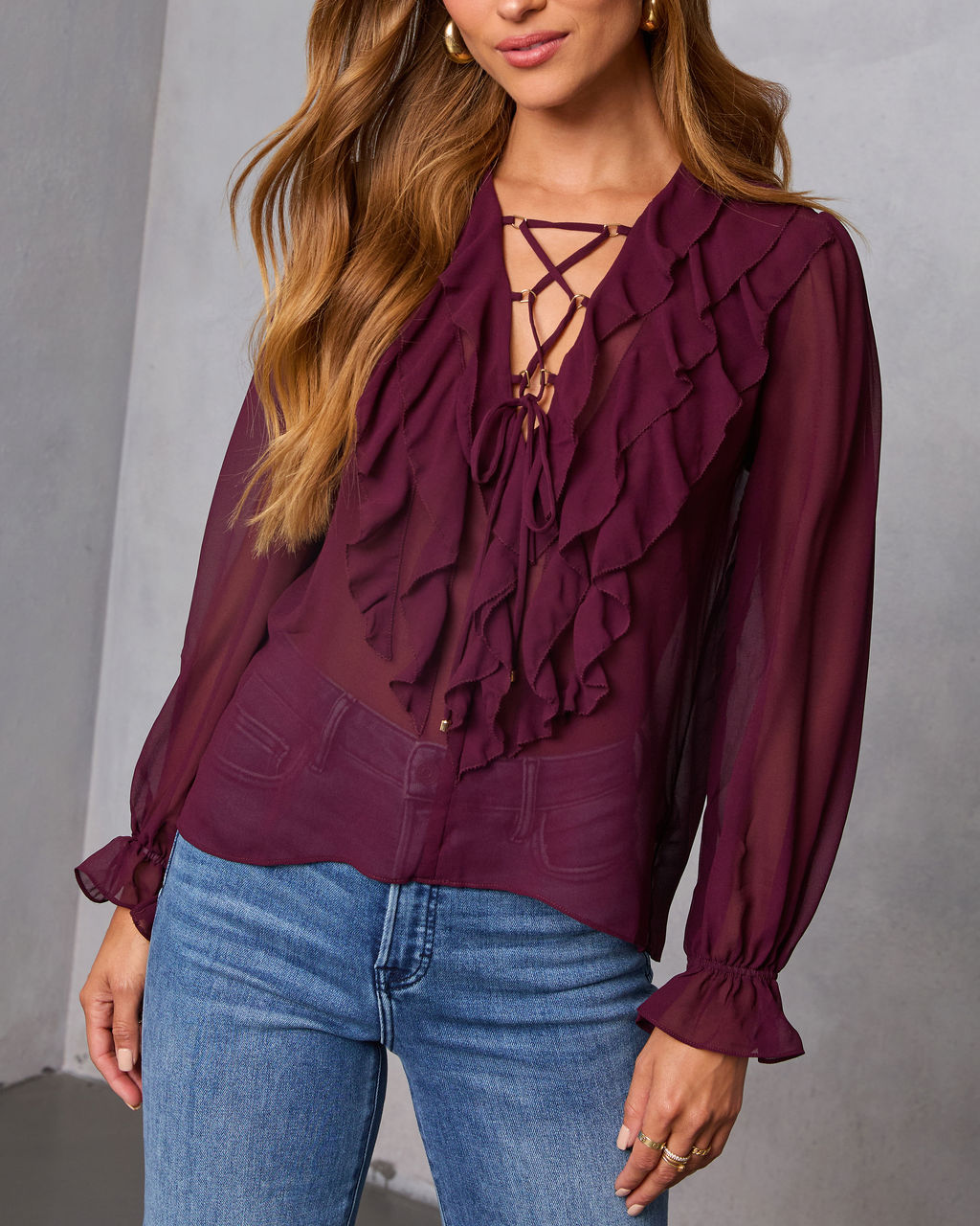 Prunella Ruffle Lace Up Top-Vogue Logic