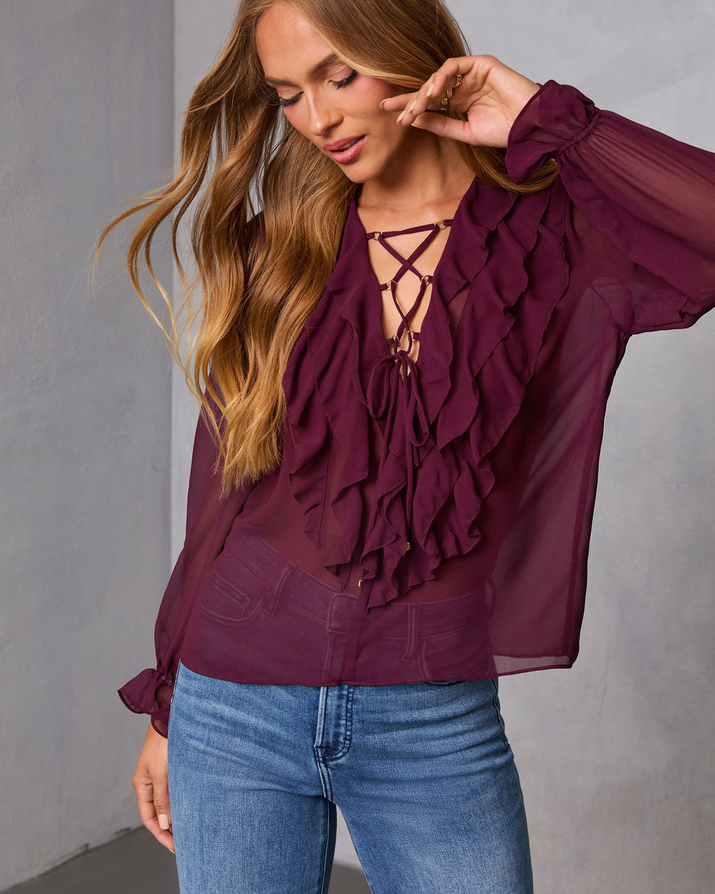 Prunella Ruffle Lace Up Top-Vogue Logic