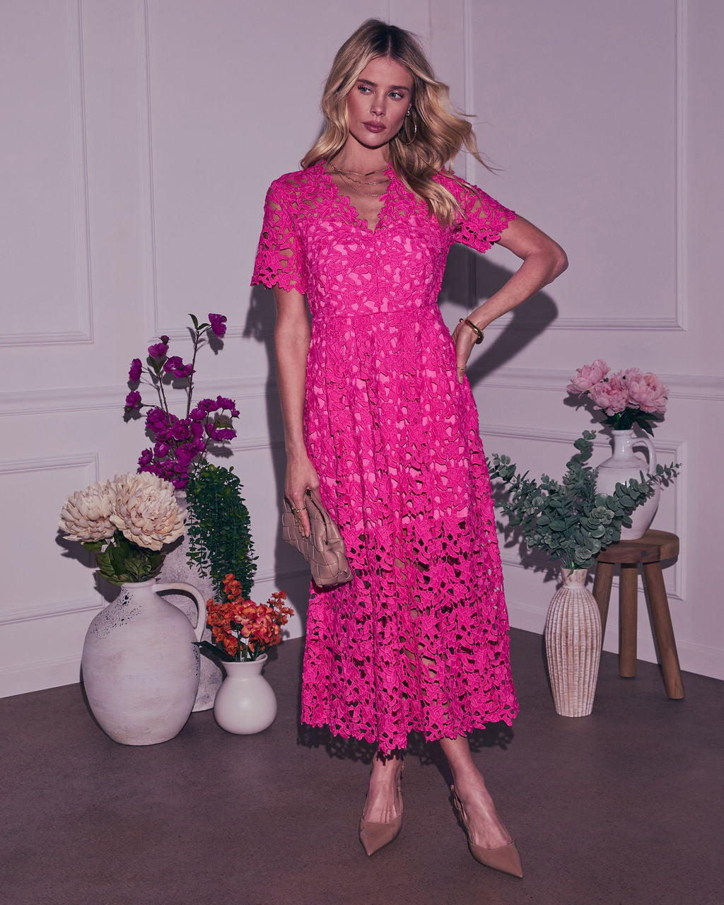 Garcelle Floral Lace Midi Dress-Vogue Logic