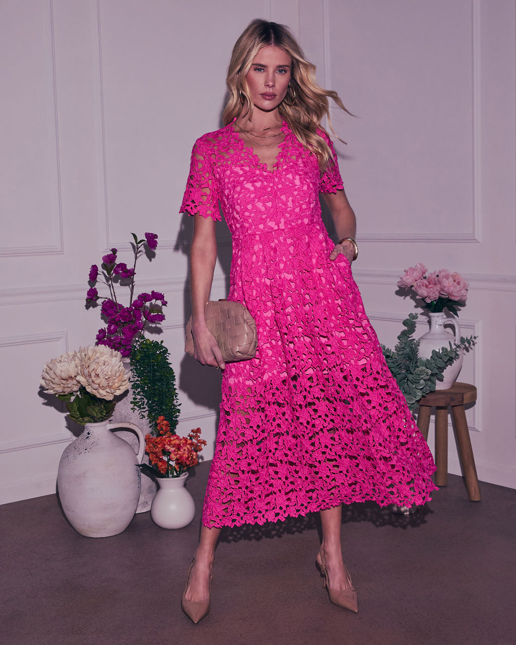 Garcelle Floral Lace Midi Dress-Vogue Logic