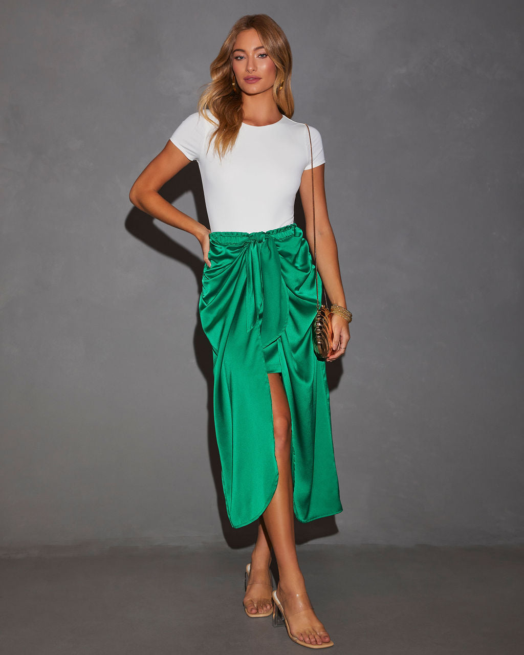 Tea Time Satin Bow-Tie Midi Skirt-Vogue Logic