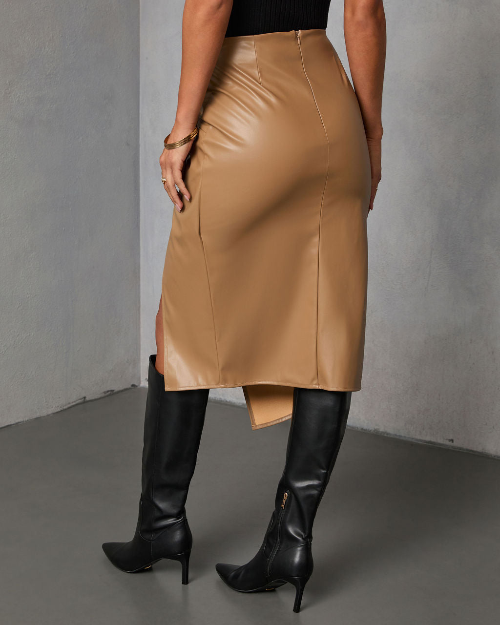 Like Wow Faux Leather Twisted Midi Skirt-Vogue Logic