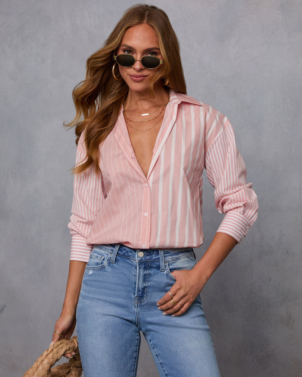 All Day Style Striped Poplin Collared Shirt-Vogue Logic