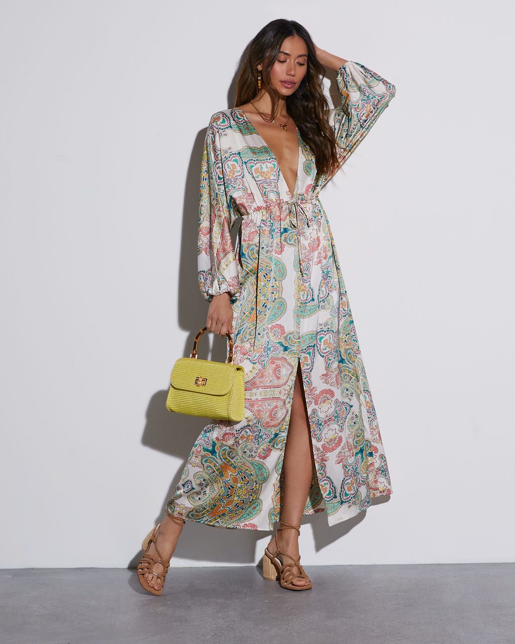 Korina Satin Printed Kimono Empire Waist Maxi Dress-Vogue Logic