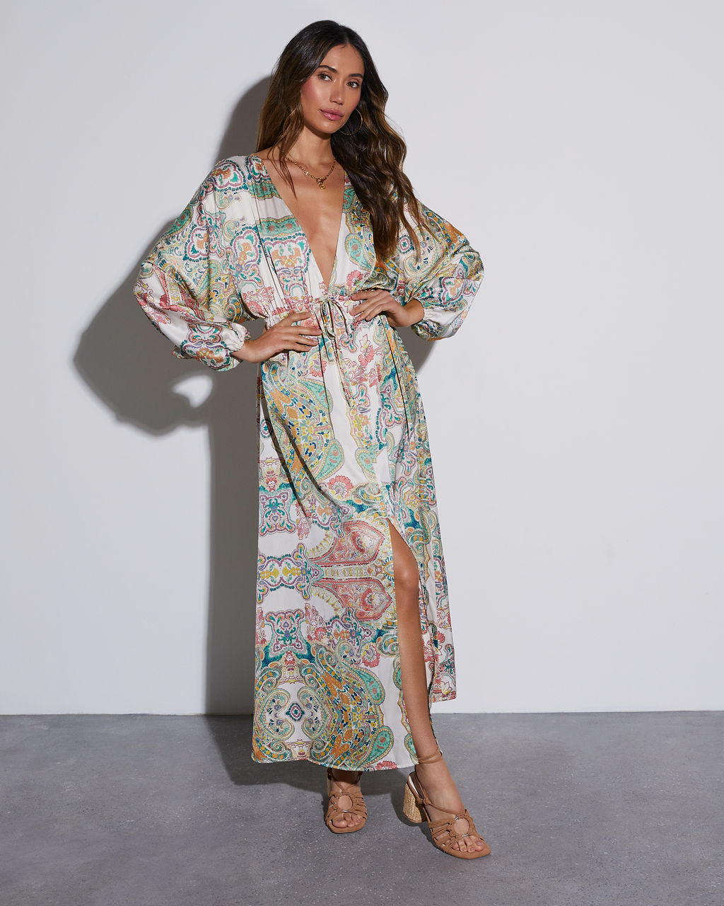 Korina Satin Printed Kimono Empire Waist Maxi Dress-Vogue Logic
