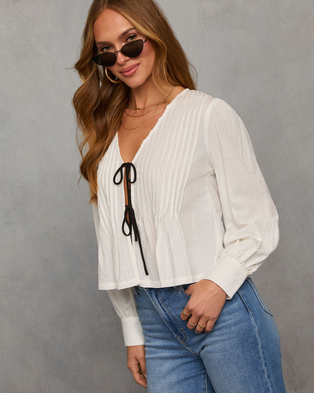 Love Lost Front Tie Pleated Peasant Blouse-Vogue Logic