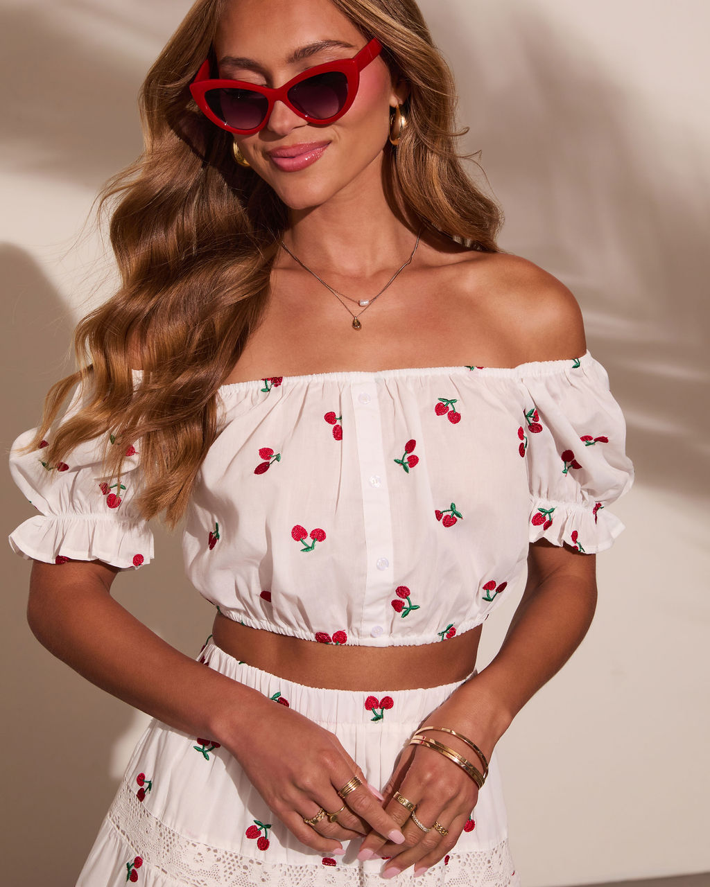 Celinea Cherry Print Off The Shoulder Top-Vogue Logic