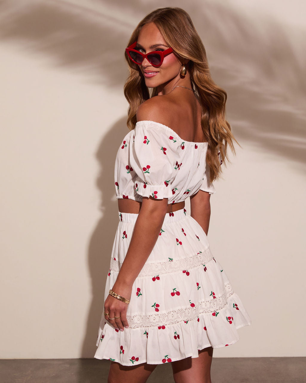 Celinea Cherry Print Off The Shoulder Top-Vogue Logic