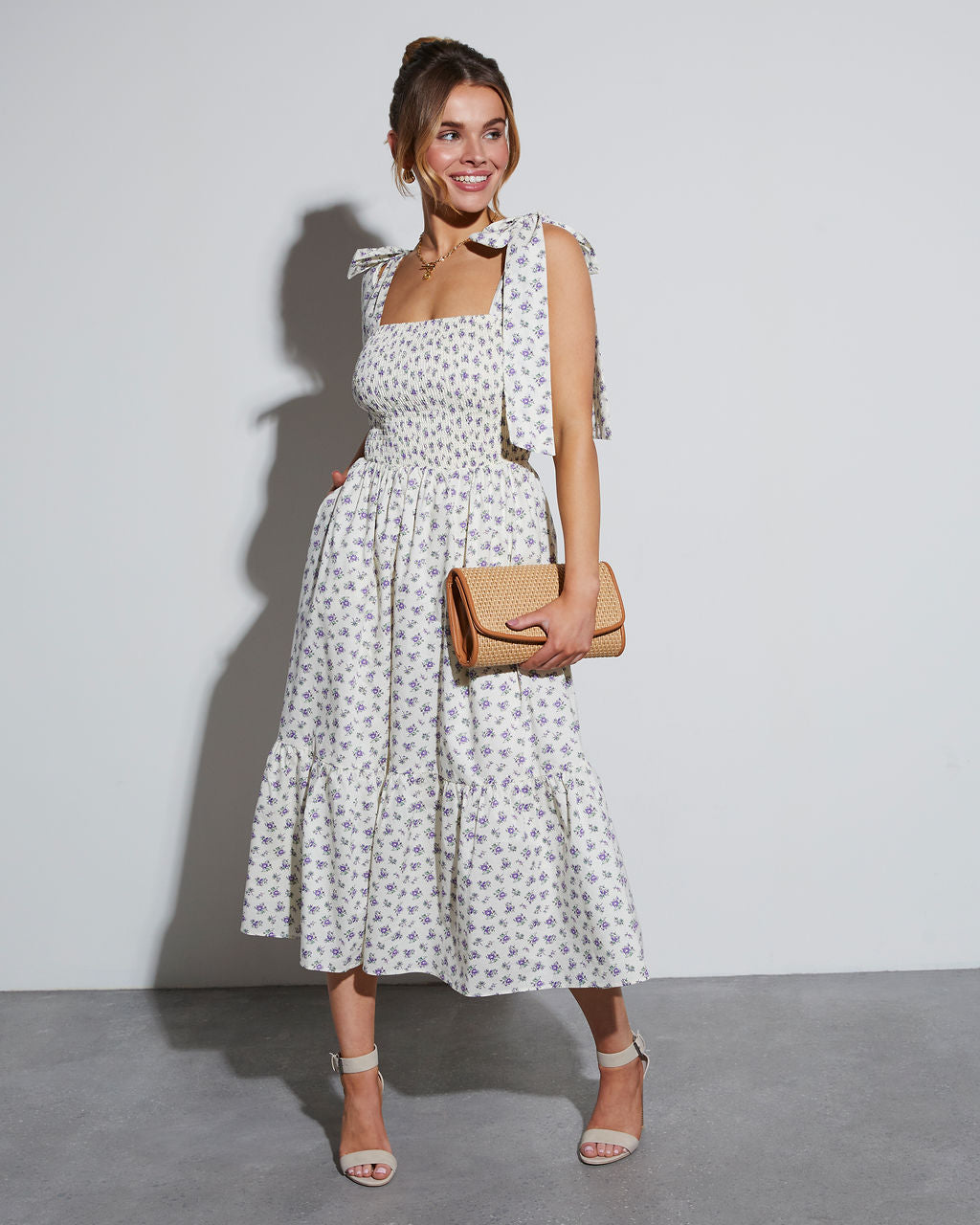 Josephina Floral Tie Strap Midi Dress-Vogue Logic