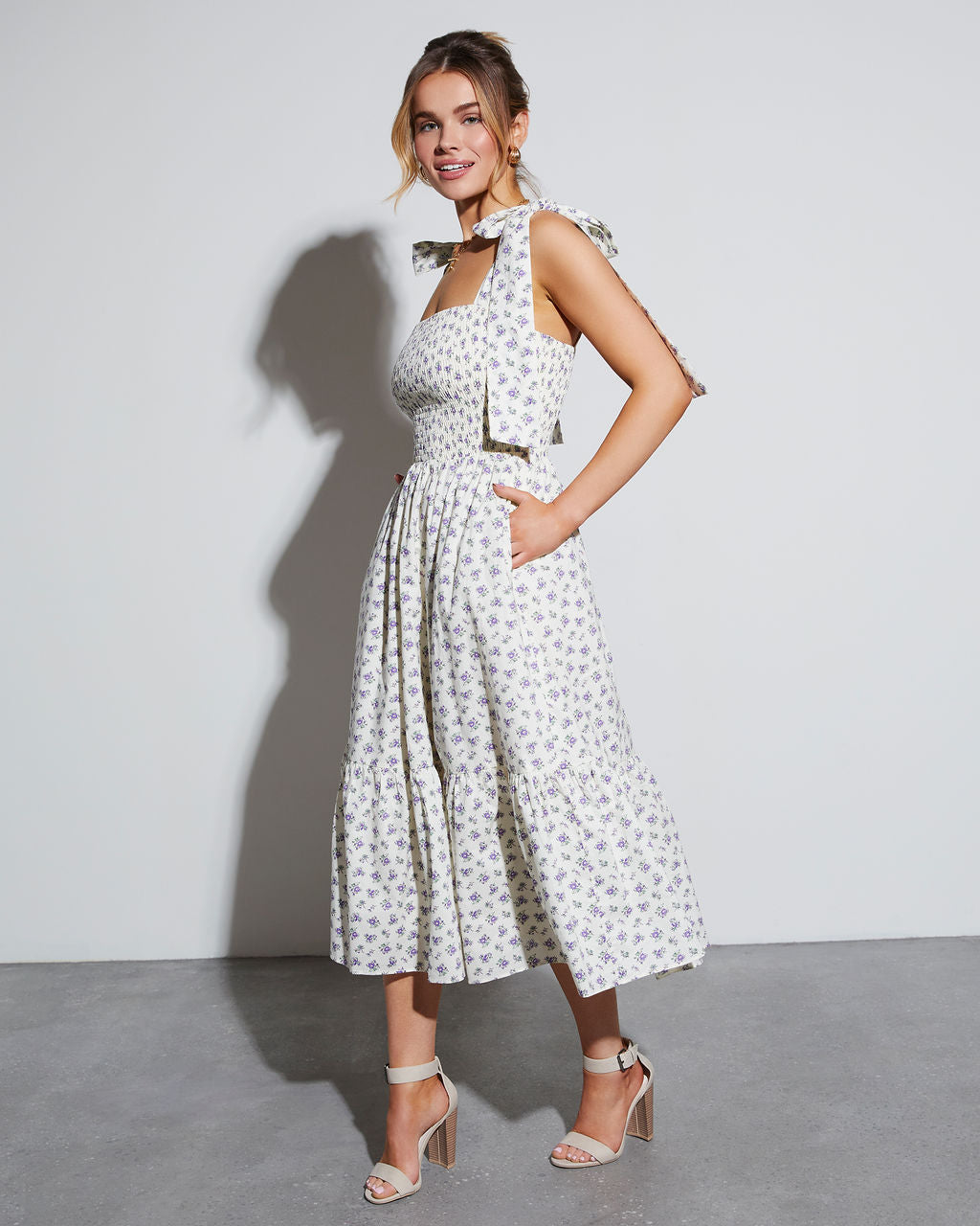Josephina Floral Tie Strap Midi Dress-Vogue Logic