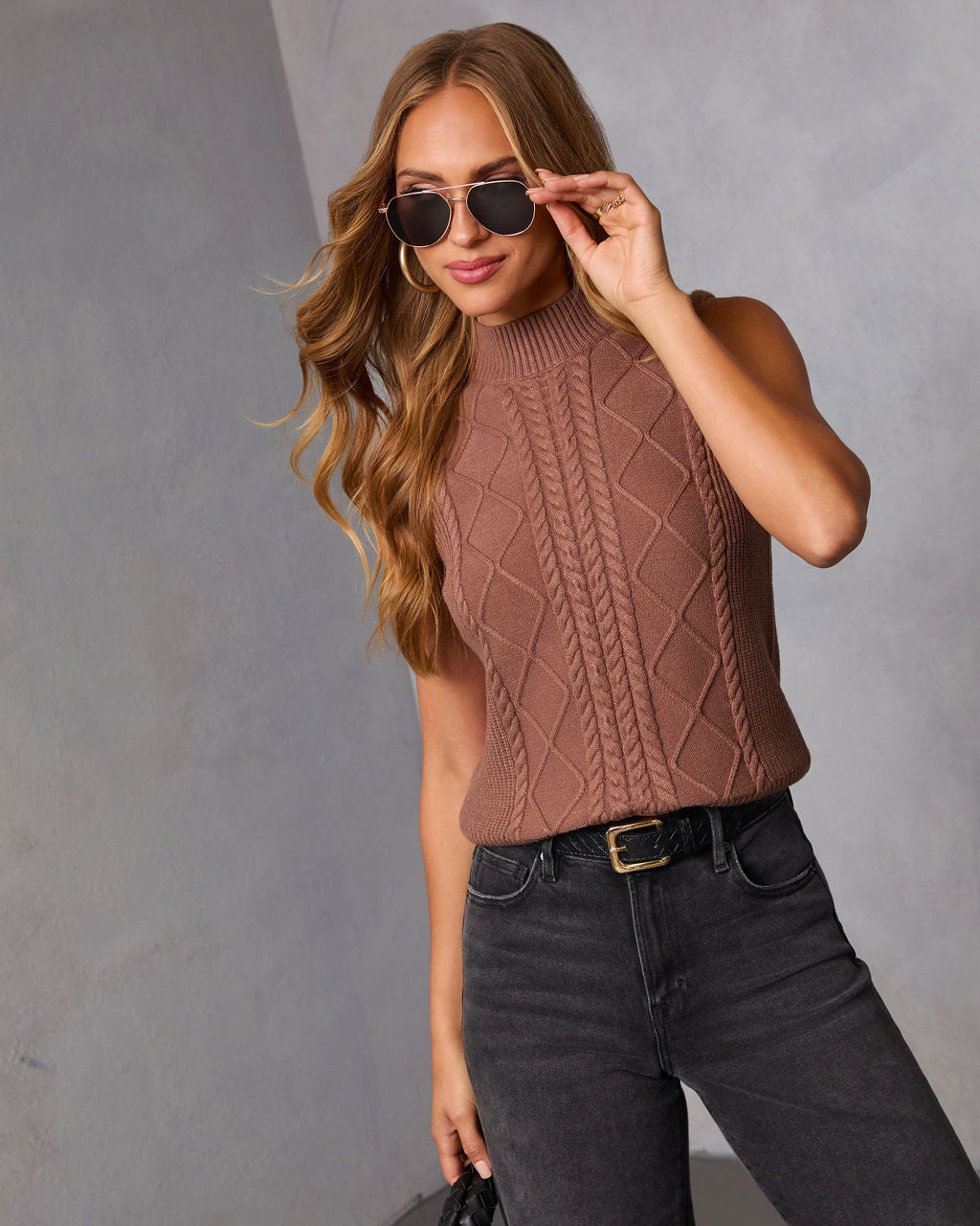 Amber Husk Cable Knit Mockneck Sweater-Vogue Logic