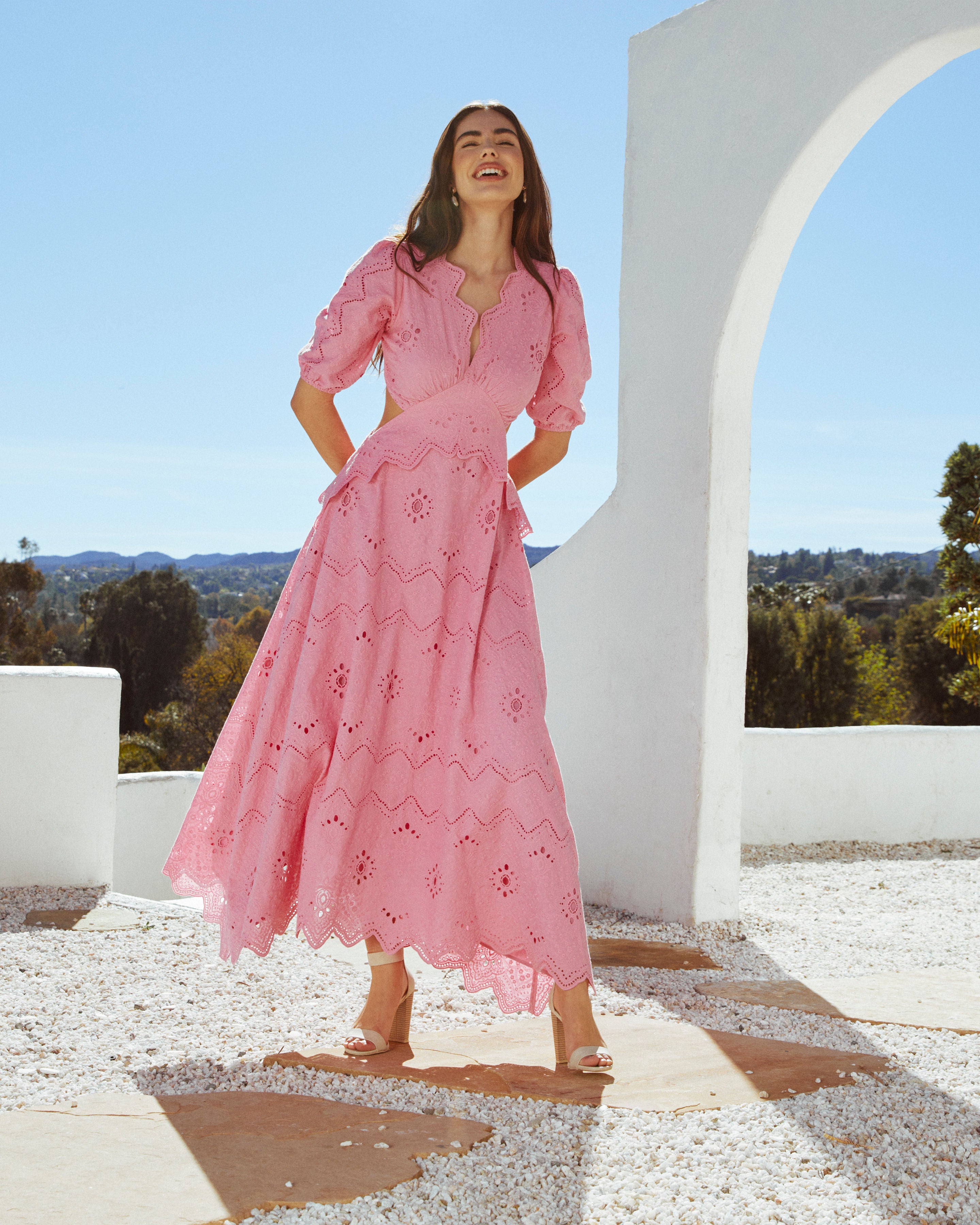 Anisa Eyelet Puff Sleeve Cutout Maxi Dress-Vogue Logic