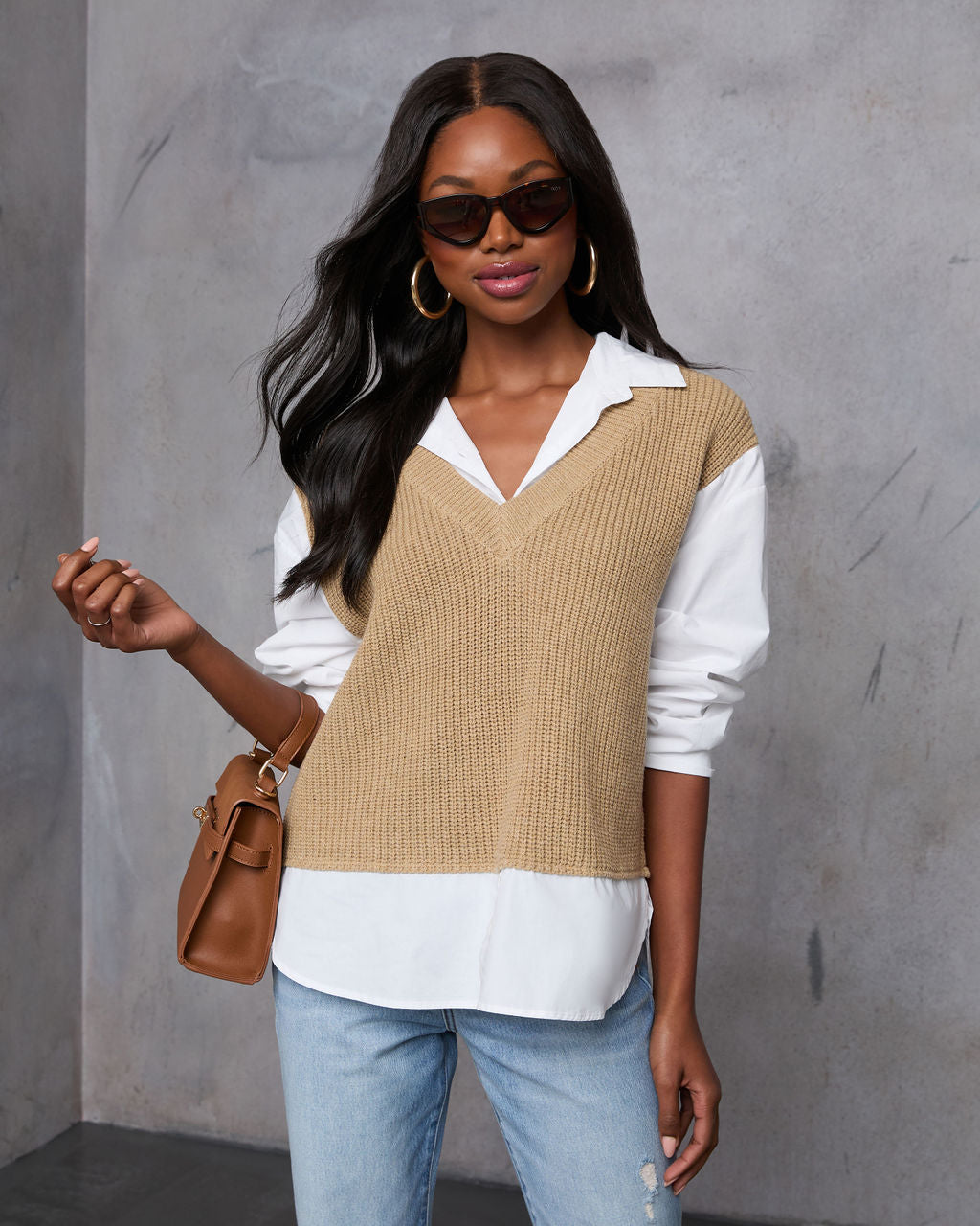 Iced Chai Long Sleeve Sweater Vest Top-Vogue Logic