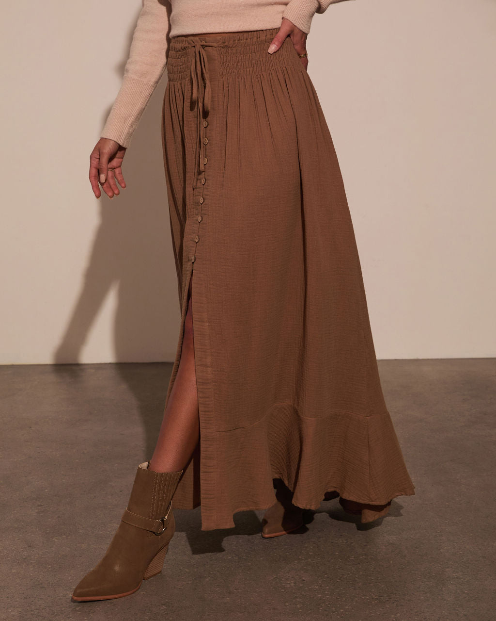Serves Up Tie Waist Button Down Maxi Skirt-Vogue Logic