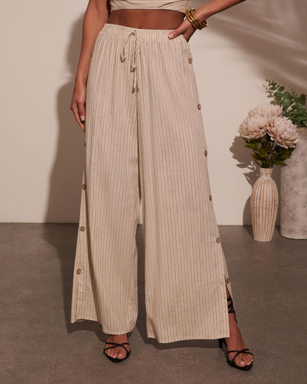 Lida Buttoned Striped Wide Leg Pants-Vogue Logic