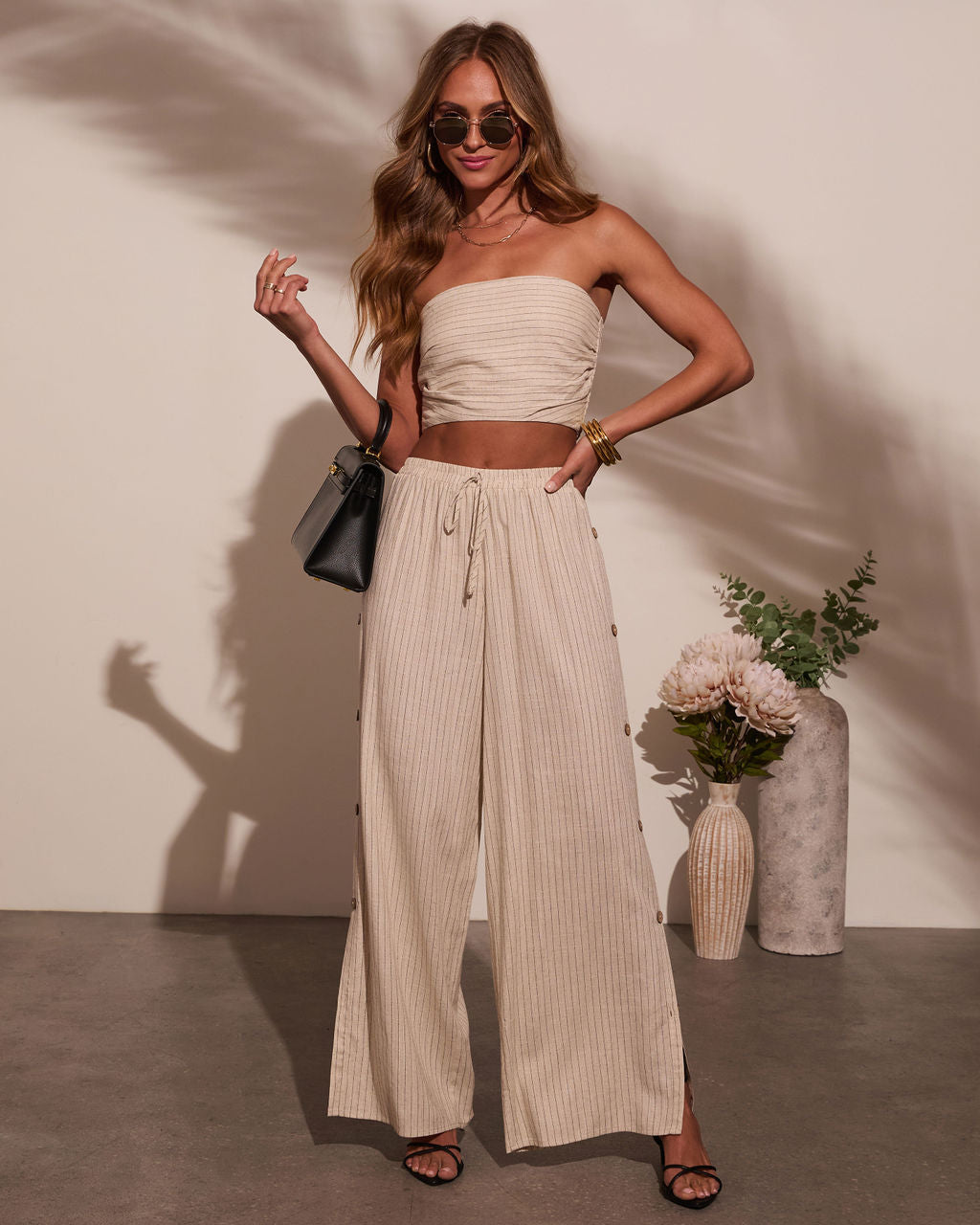 Lida Buttoned Striped Wide Leg Pants-Vogue Logic