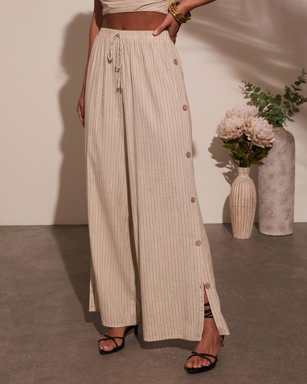 Lida Buttoned Striped Wide Leg Pants-Vogue Logic