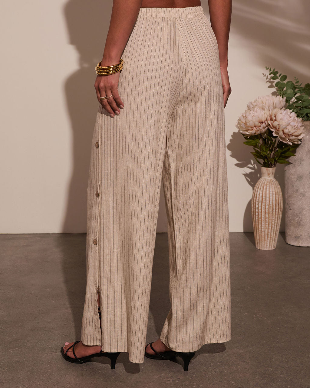 Lida Buttoned Striped Wide Leg Pants-Vogue Logic