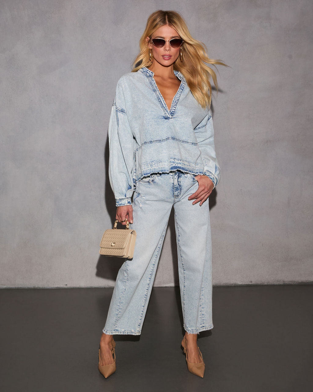 Lisbon Relaxed Plunging Neckline Denim Top-Vogue Logic