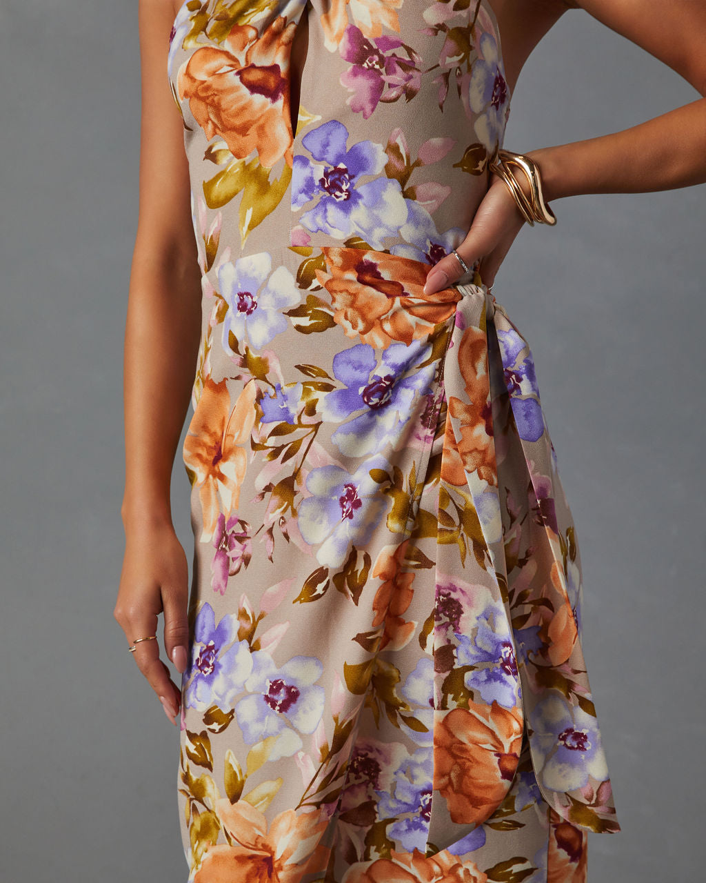 Floral Beauty Twist Front Halter Midi Dress-Vogue Logic