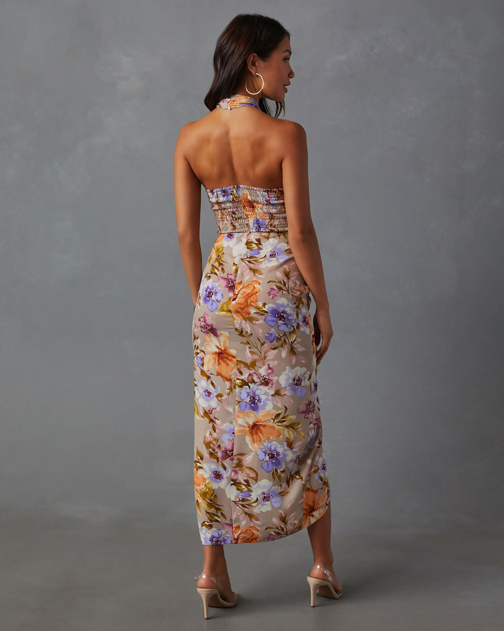 Floral Beauty Twist Front Halter Midi Dress-Vogue Logic