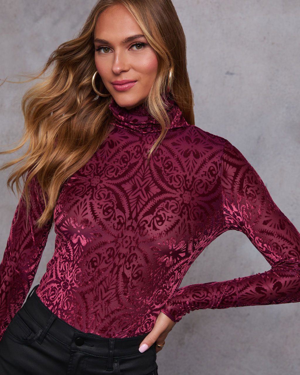 Tessy Velvet Burnout Turtleneck Top-Vogue Logic