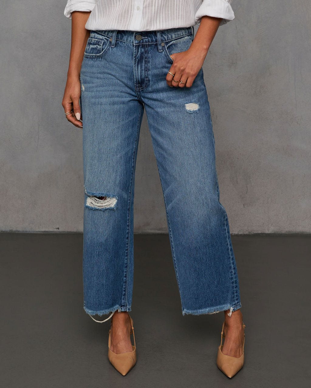 Olsen Rigid Distressed Barrel Jeans-Vogue Logic