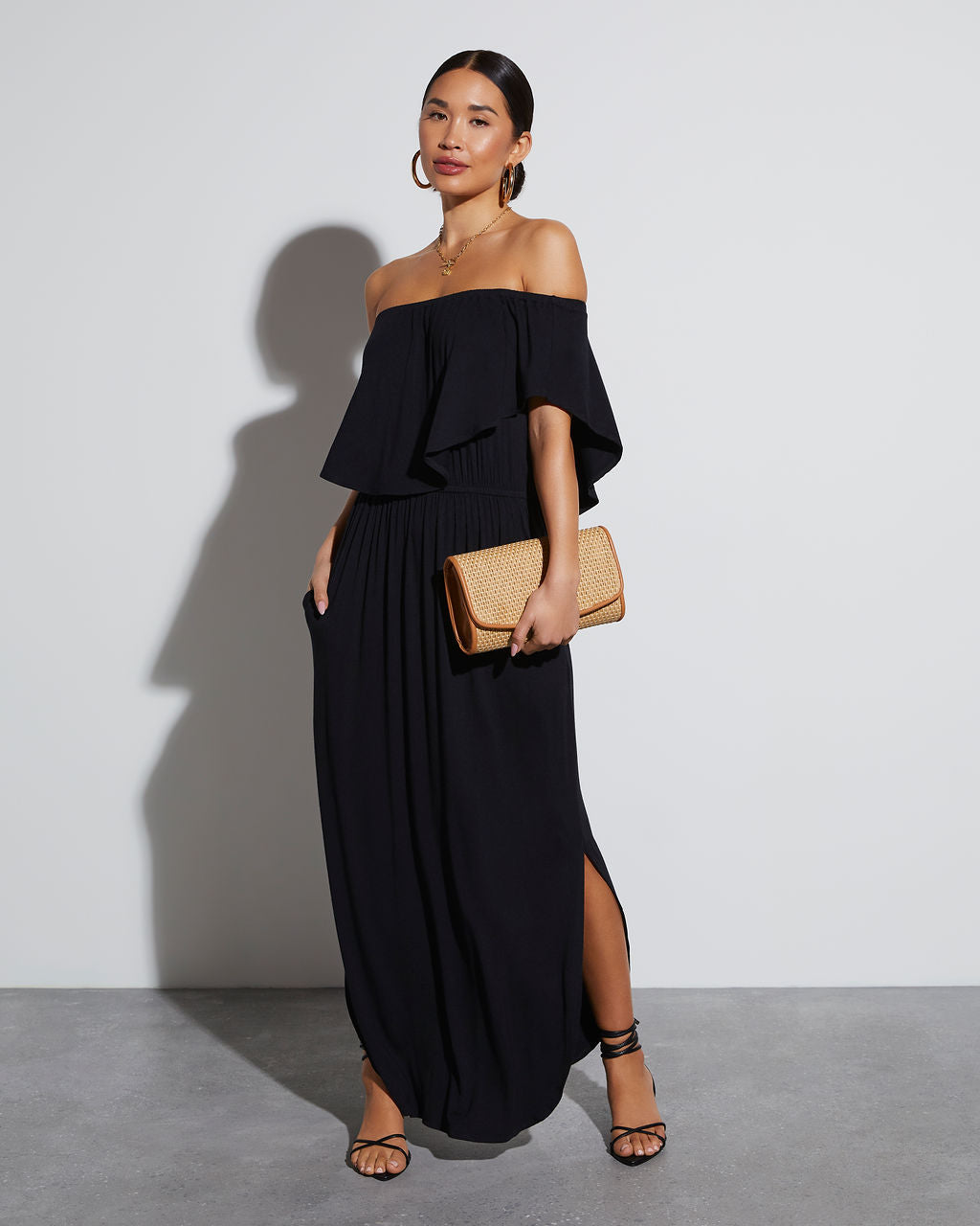 Kara Off The Shoulder Pocketed Maxi Dress-Vogue Logic
