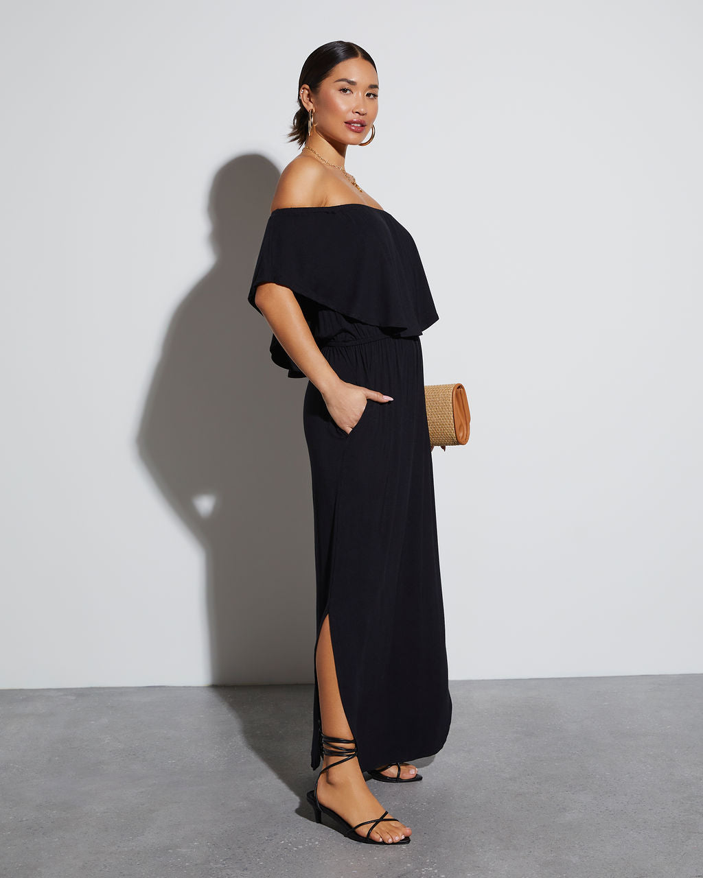 Kara Off The Shoulder Pocketed Maxi Dress-Vogue Logic