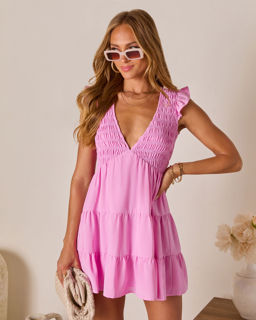 Uma Smocked Tiered Mini Dress-Vogue Logic