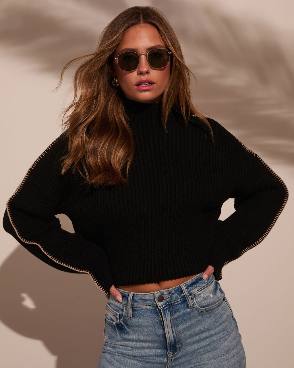 Anita Contrast Stitch Mock Neck Sweater-Vogue Logic