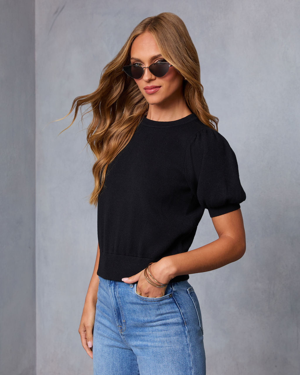 Livia Puff Sleeve Knit Sweater Top-Vogue Logic