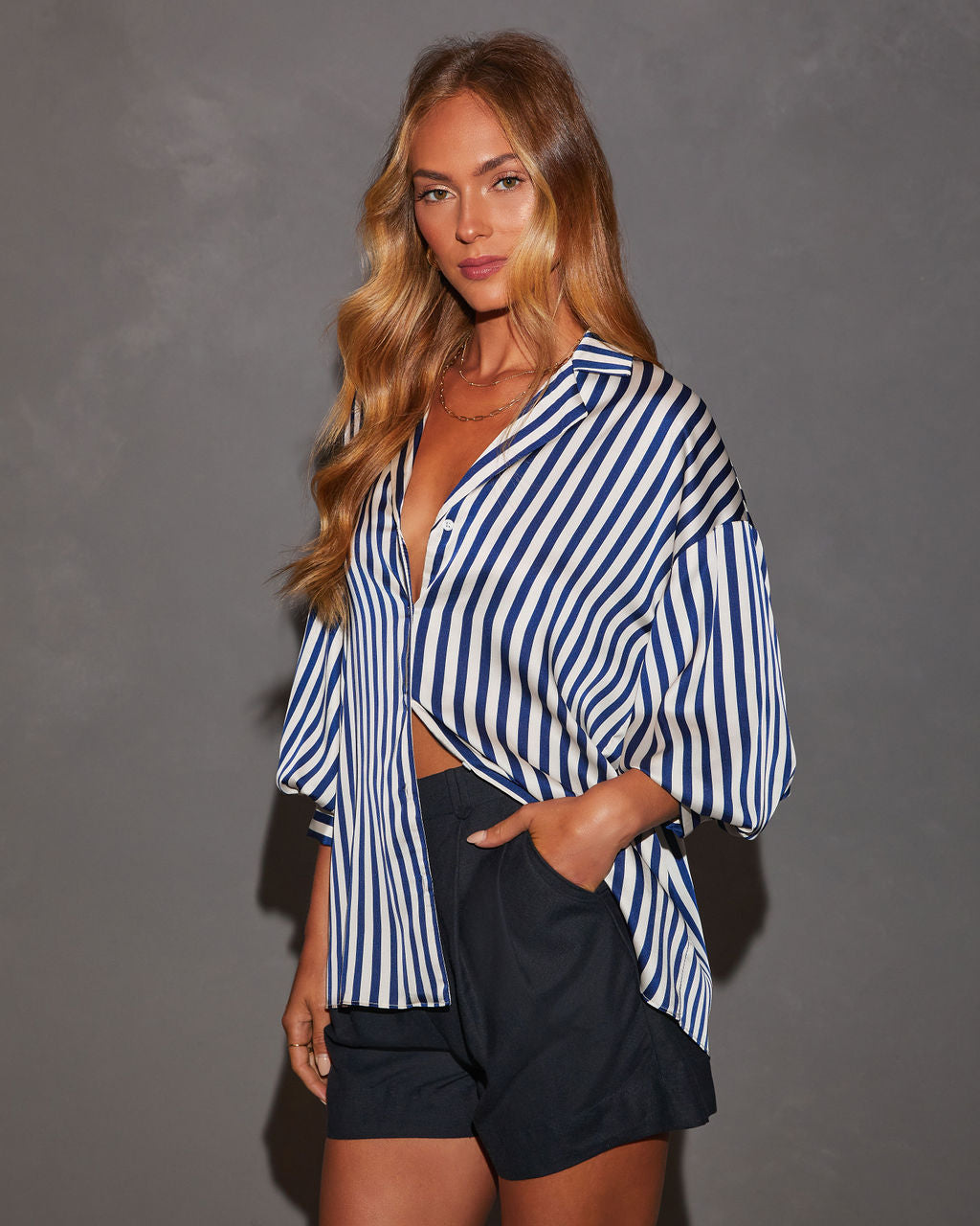 Blake Striped Blousson Sleeve Collared Satin Shirt-Vogue Logic
