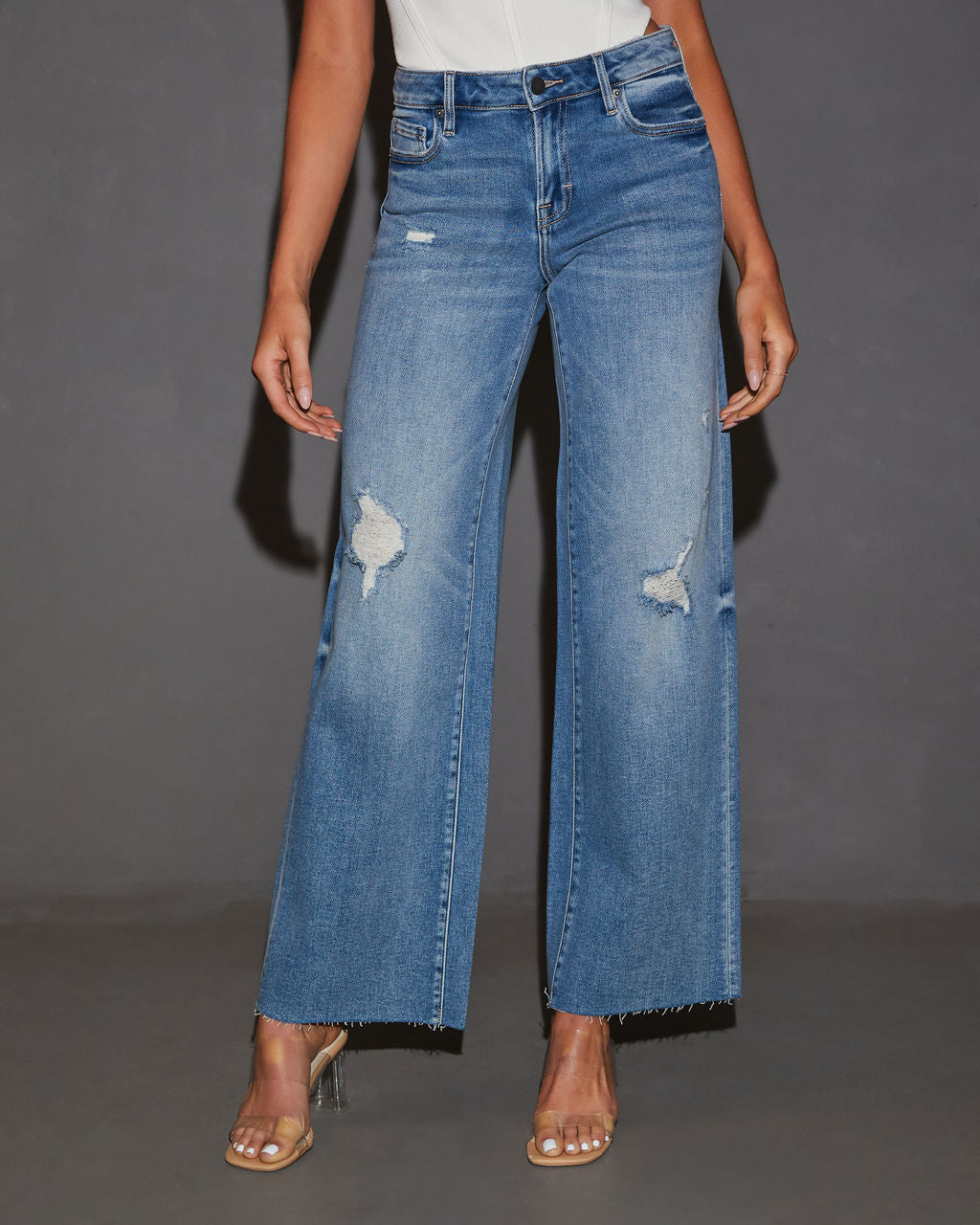 Cooper Super Stretch Distressed Wide Leg Jeans-Vogue Logic