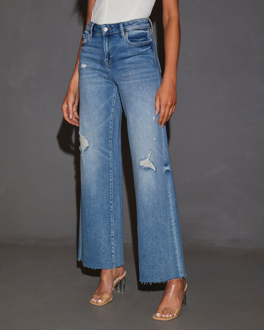 Cooper Super Stretch Distressed Wide Leg Jeans-Vogue Logic