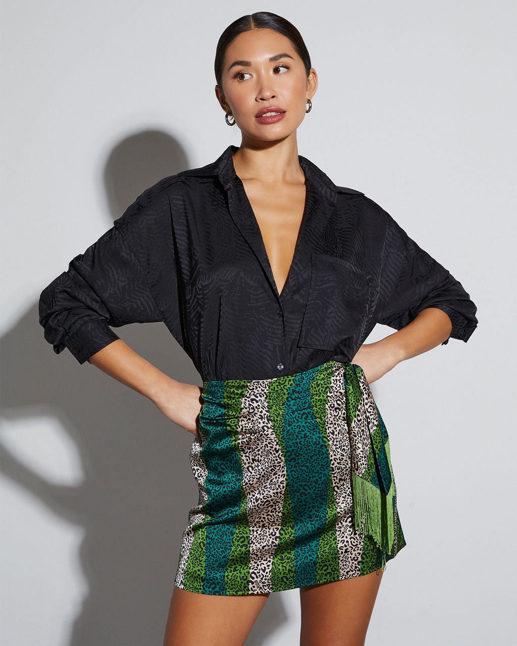 Sherlyn Satin Embossed Button Down Top-Vogue Logic