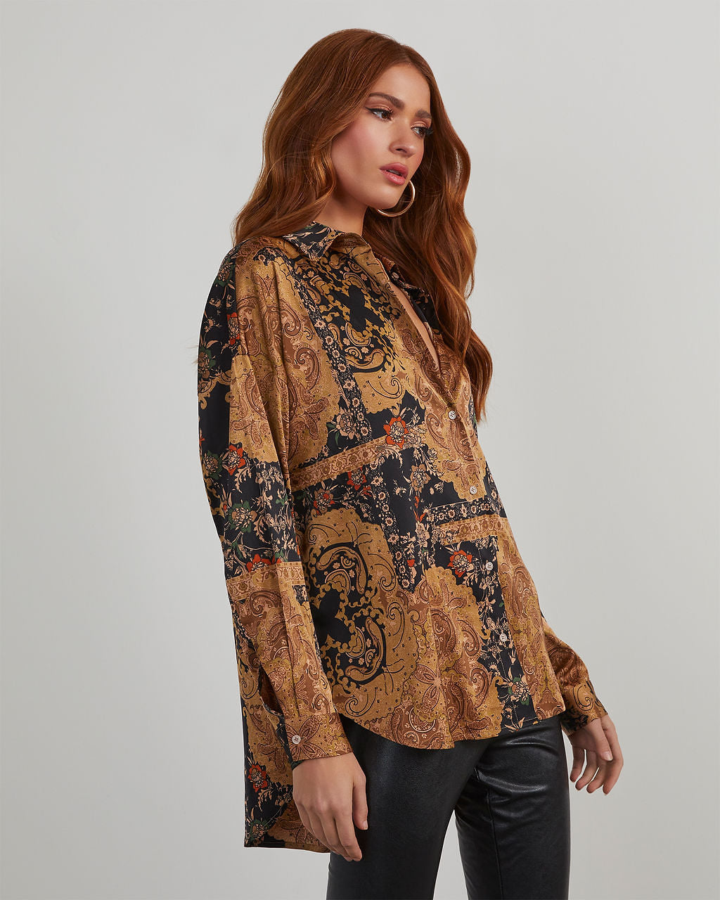 Annabelle Satin Paisley Button Down Top-Vogue Logic