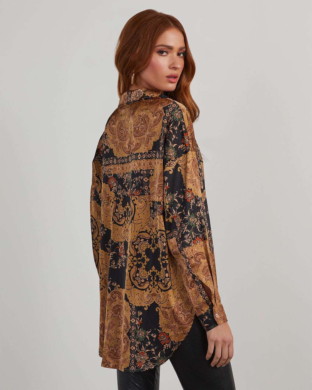 Annabelle Satin Paisley Button Down Top-Vogue Logic