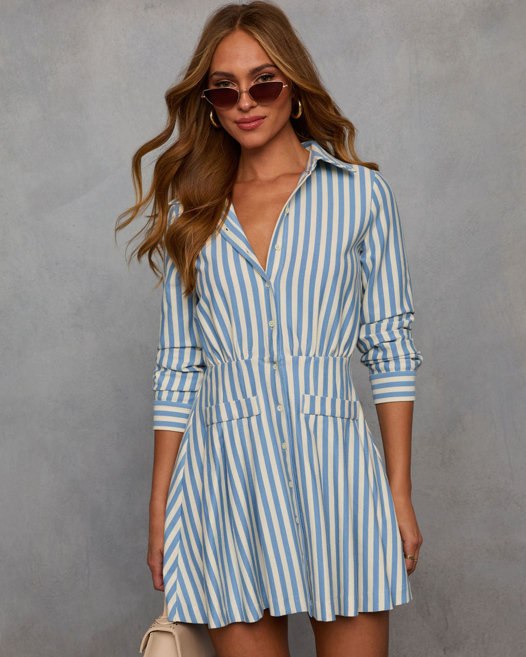 Adena Striped Mini Shirt Dress-Vogue Logic