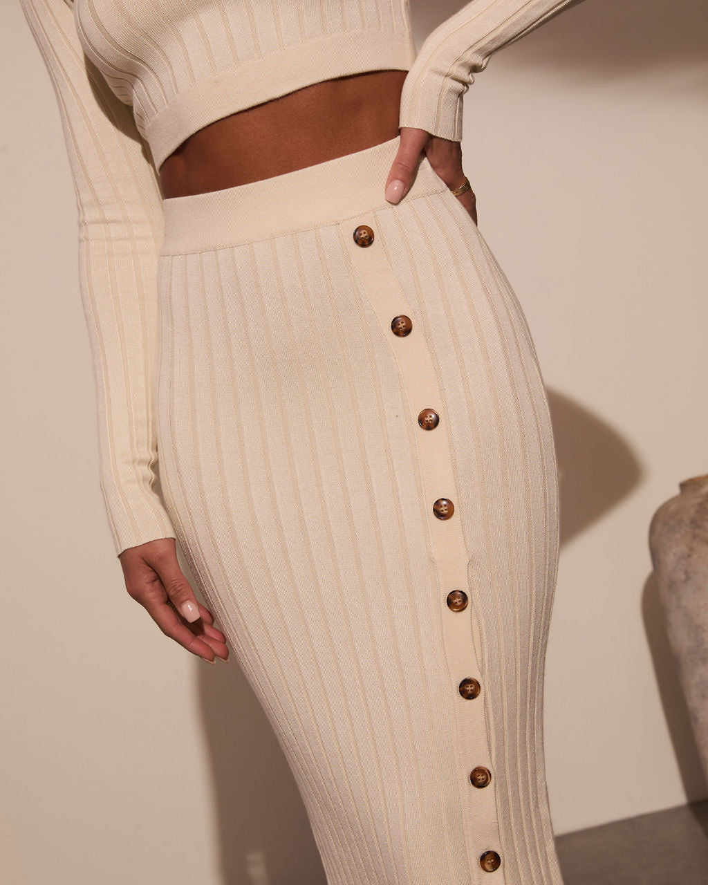 Morning Tide Ribbed Side Button Maxi Skirt-Vogue Logic