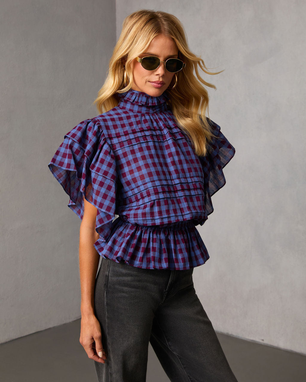 Nomad Cowgirl Plaid Mock Neck Top-Vogue Logic