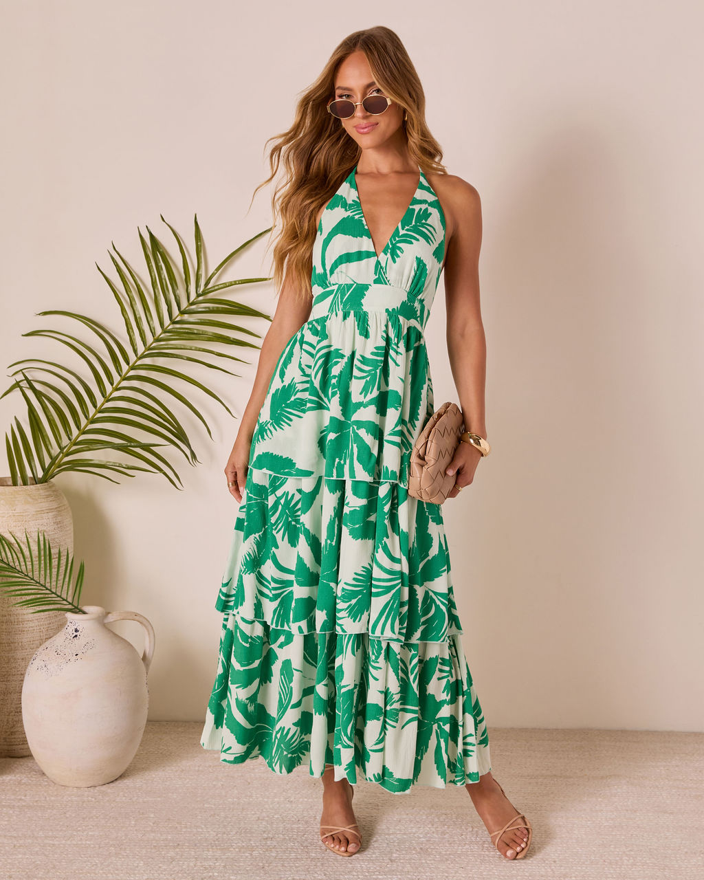 Palm Shade Tiered Maxi Dress-Vogue Logic